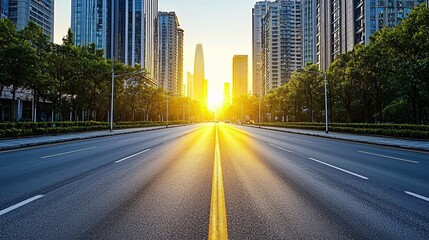 A scenic city street at sunrise, flanked by modern skyscrapers and greenery, conveying a sense of tranquility and urban beauty.