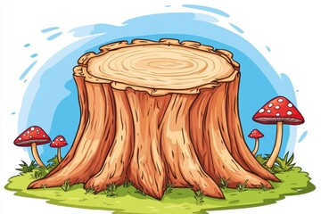 Artistic Illustration of a Tree Stump Surrounded by Red Mushrooms in a Vibrant Natural Environment with a Clear Blue Sky Background