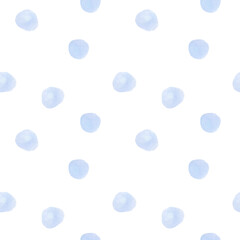 Polka dots blue background. Watercolor Snowballs, snow flakes seamless hand drawn pattern for fabric texture, bed linen ornaments, holidays textile, winter wallpaper