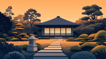 Traditional tea house with sunset glow and garden background