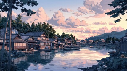 Fototapeta premium Fishing boats docked along serene coast with sunset background