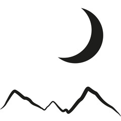 Line minimalistic mountain landscape. Linear drawing of mountains on a white background. Image of the moon over the mountains.