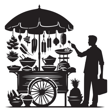 recommend clip art: Street vendor selling food silhouette vector art black color design and solid white background 