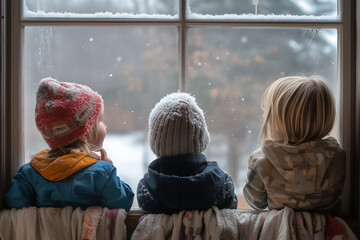 Three Children Gaze Through a Frosty Window, Eagerly Awaiting the First Snowfall of the Winter Season