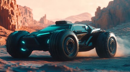 Powerful futuristic car driving on a mars-like desert planet with rocky canyons and orange sand during a breathtaking sunset, offering a glimpse into the future of exploration and adventure