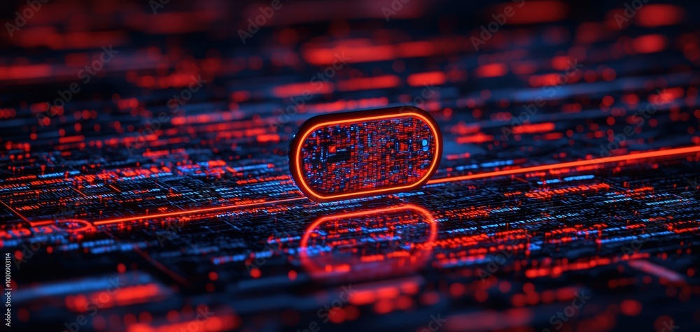 Poster Assistant search engine concept. A glowing red oval shape on a dark, digitally textured background, creating a futuristic and abstract visual impression.
