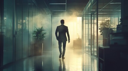 Fototapeta premium Leaving the Office Behind: A Professional Silhouette Walks Through a High-Quality Workspace with Soft Lighting and a Moody Atmosphere