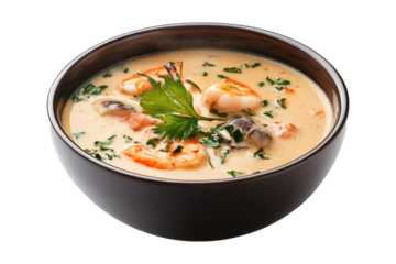 Seafood cream soup in a bowl on a transparent background. isolated background.