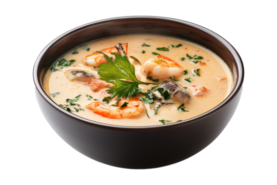 Seafood cream soup in a bowl on a transparent background. isolated background.
