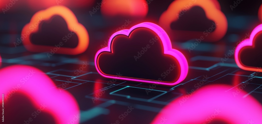 Poster Assistant search engine concept. A vibrant digital scene featuring glowing cloud icons on a tech-inspired grid background, symbolizing cloud computing and digital connectivity.