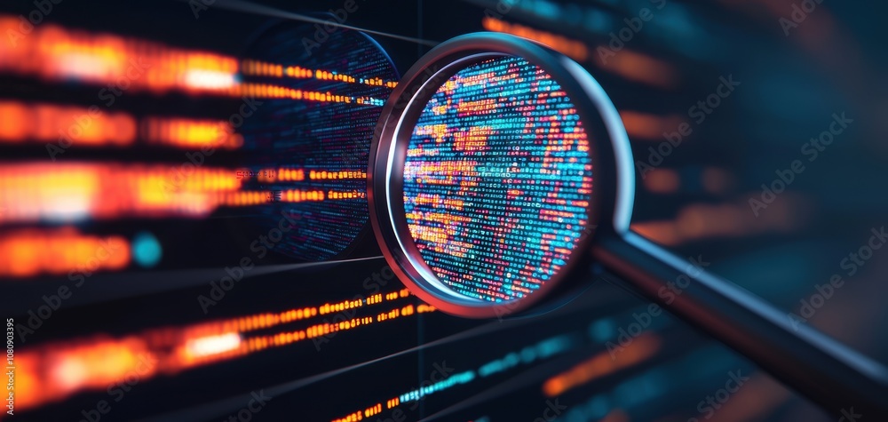 Poster Assistant search engine concept. A close-up view of a magnifying glass highlighting vibrant digital data streams, representing technology, analysis, and information discovery.