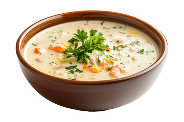 Seafood cream soup in a bowl on a transparent background. isolated background.