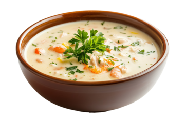 Seafood cream soup in a bowl on a transparent background. isolated background.