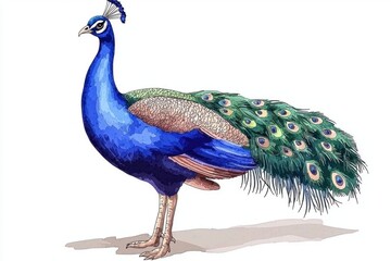 Obraz premium Elegant Blue Peacock Displaying Vibrant Feathers in Artistic Illustration Style, Capturing the Beauty of Nature with Rich Colors and Intricate Details