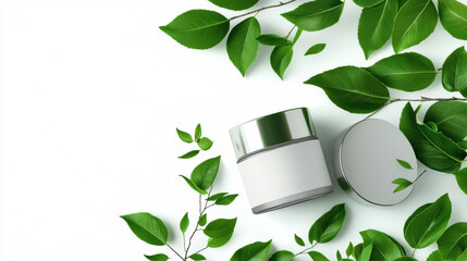 Elegant Minimalist Skin Care Cream Jar Surrounded by Fresh Green Leaves on a Bright White Background for Natural Beauty and Wellness Concepts