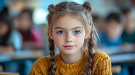 The girl with a warm, friendly smile sits at her desk, focused and attentive, immersed in a vibrant classroom filled with eager classmates