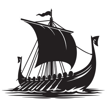 Viking ship sailing vector Silhouette art black color design and solid white background