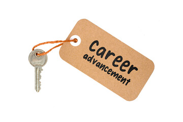 Career Advancement Concept Idea Metaphor Text on Brown Paper Label with Door Key Isolated on White Background