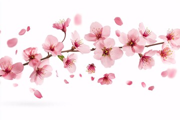 Fototapeta premium Pink Cherry Blossom Branch with Falling Petals - Delicate Spring Flowers