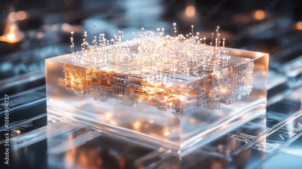 Poster complex quantum processor generating glowing data streams and connections, suspended inside a transp