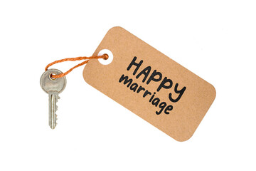 Key to Happy Marriage Concept Idea Metaphor Text on Brown Paper Label with Door Key Isolated on White Background