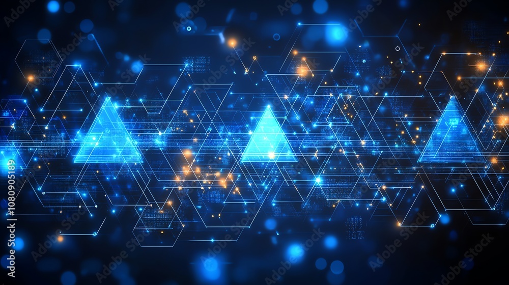 Poster abstract digital background with blue triangles, glowing lines and bokeh lights.
