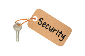 Key to Security Concept Idea Metaphor Text on Brown Paper Label with Door Key Isolated on White Background