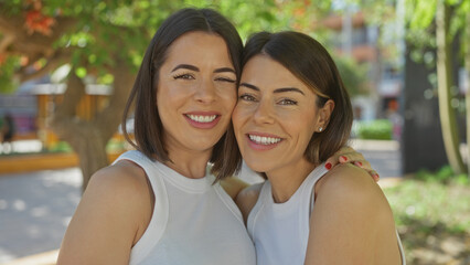Fototapeta premium Two smiling women who appear to be hispanic stand closely together outdoors in a city park, with trees and urban elements visible in the background.