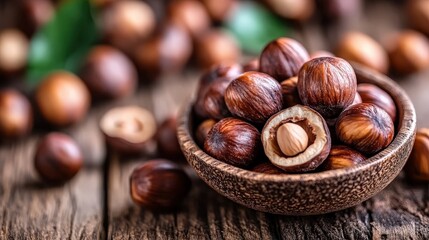 Obraz premium A rustic setup featuring a bowl filled with whole and cracked hazelnuts against a textured wooden background. The nuts' natural texture is prominently displayed.