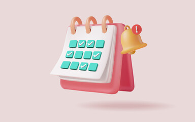 3d calendar with check mark and bell notification. Meeting reminder planner. Office deadline, Business planning, Appointment, Holiday, Event, Agenda, Date, Planning concept. 3d vector illustration