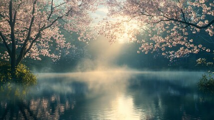 Serene Sunrise Over Tranquil Lake with Blooming Cherry Trees