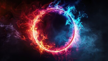 fiery explosion background, 3D render, circular flame with a gradient from blue to red, pink an eye catching ring of fire on a dark background