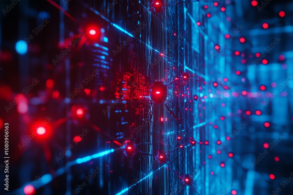 Poster abstract futuristic digital network with glowing red spheres connected by lines on a blue and black 