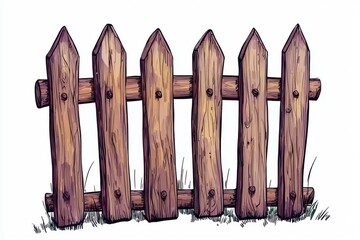 Wooden Picket Fence Illustration with Sharp Tips and Natural Texture Surrounded by Green Grass, Perfect for Outdoor and Garden Designs in Creative Projects