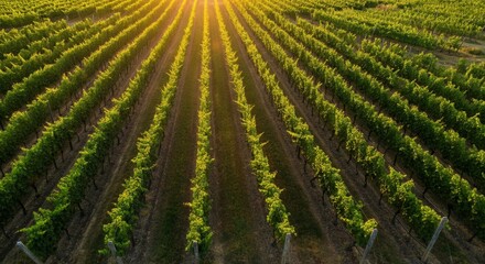 Fototapeta premium Golden hour sunlight lush vineyard rows