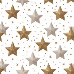 Obraz premium Elegant seamless pattern of sparkling gold and pale silver metallic 3D stars and tiny confetti elements scattered on a bright white holiday background.