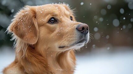 A golden retriever dog with snow on its fur looks up at the falling snow.