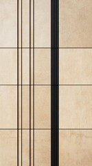 Fototapeta premium Close-up of a textured beige stone wall featuring intersecting black metal lines, forming a striking geometric design