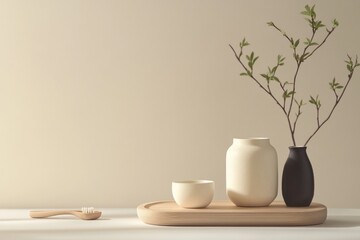 Fototapeta premium Minimalist Still Life with a Wooden Tray, Ceramic Vases, and a Branch with Green Leaves