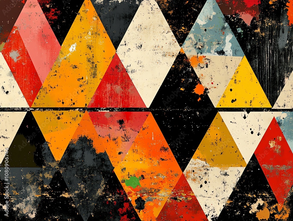 Poster Abstract geometric background with colorful triangle pattern and grunge texture.