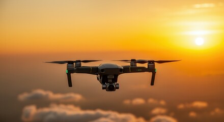 Naklejka premium Aerial drone flying at sunset with orange sky
