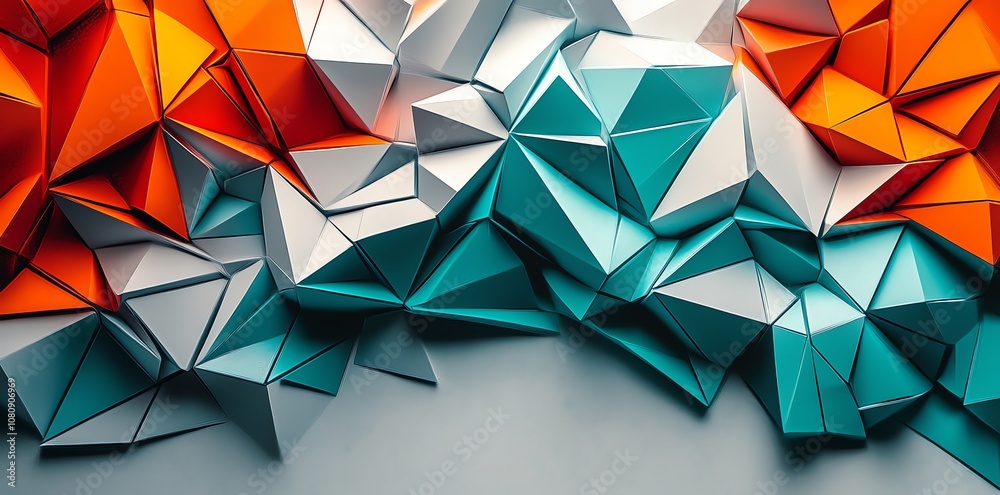 Poster abstract geometric background with orange, teal, and white triangular shapes.