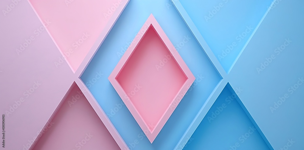 Poster abstract geometric background with pink and blue triangles and a diamond shape in the center.