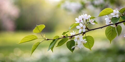 A single leafy branch with blurred flowers in the background, blossom, leaves