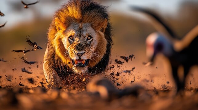 A magnificent lion is caught in mid-stride, charging through the dusty savanna with flying birds adding action as the king of the jungle demonstrates power and strength.