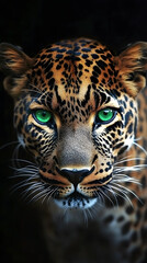 Obraz premium Leopard's Intense Gaze, Green Eyes, Dark Background