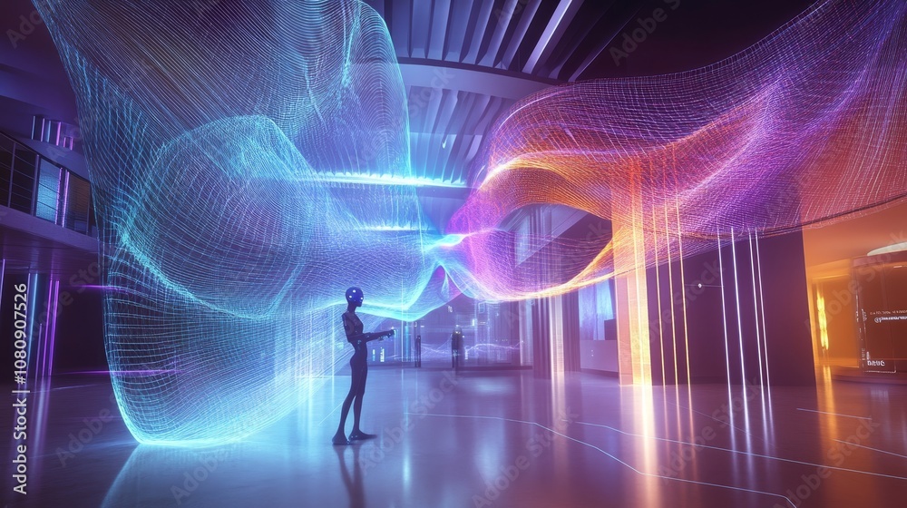 Poster robot is manipulating a colorful, complex data stream visualization in a contemporary, high-tech env