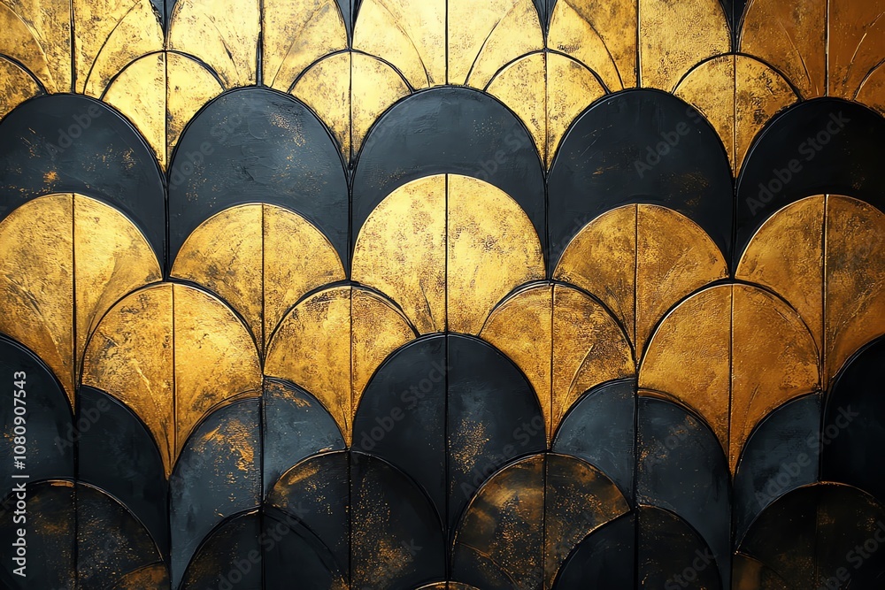 Poster abstract geometric pattern of black and gold semi-circles in a repeating, scale-like design.