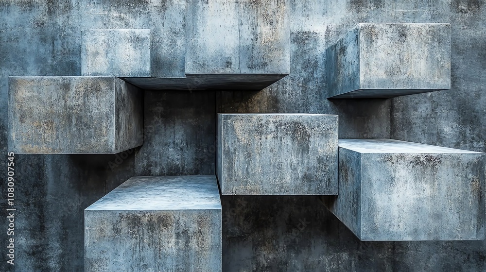 Aufkleber abstract geometric pattern of concrete cubes on a textured concrete wall.