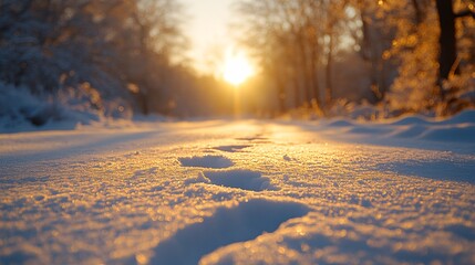 Beautiful, natural, realistic snow scene photos, the snow bathed in sunlight stretches into the distance. 